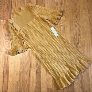 Happy Nature Kate Hudson’s Knit Dress Mustard Yellow Ruffle Detail Sleeves & Hem